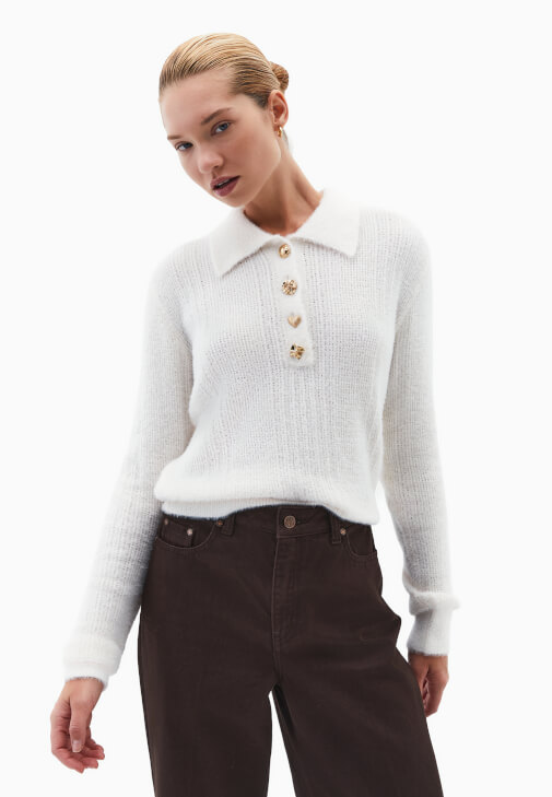 Krem Polo Yaka Ajurlu Kazak