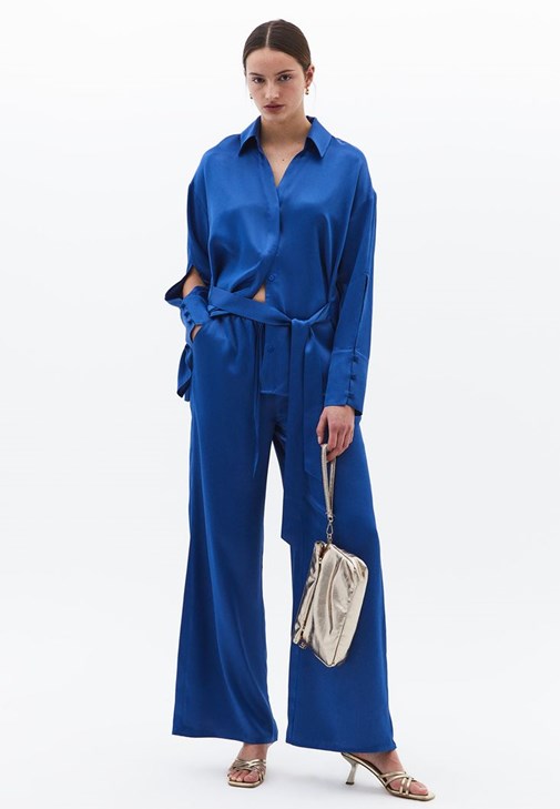 Mavi Yüksek Bel Wide-Leg Saten Pantolon