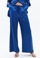 Bayan Mavi Yüksek Bel Wide-Leg Saten Pantolon