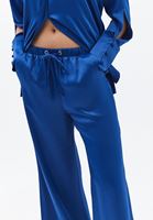 Bayan Mavi Yüksek Bel Wide-Leg Saten Pantolon