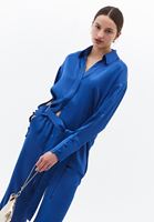 Bayan Mavi Kuşak Detaylı Saten Gömlek
