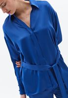 Bayan Mavi Kuşak Detaylı Saten Gömlek