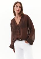 Bayan Kahverengi V Yaka Tül Bluz ( TENCEL™ )