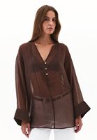Bayan Kahverengi V Yaka Tül Bluz ( TENCEL™ )
