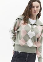 Bayan Yeşil Düğme Detaylı Jakarlı Kazak