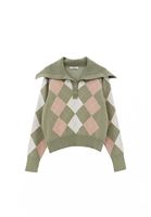 Bayan Yeşil Düğme Detaylı Jakarlı Kazak