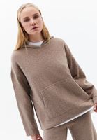 Bayan Bej Yün Karışımlı Kapüşonlu Kazak