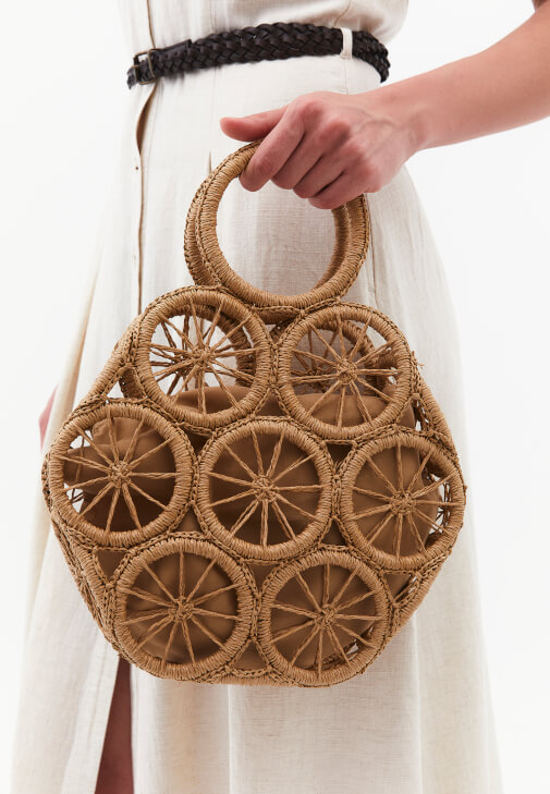 Kahverengi Hasır Detaylı Çanta