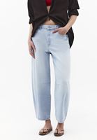 Bayan Mavi Orta Bel Barrel-Fit Pantolon