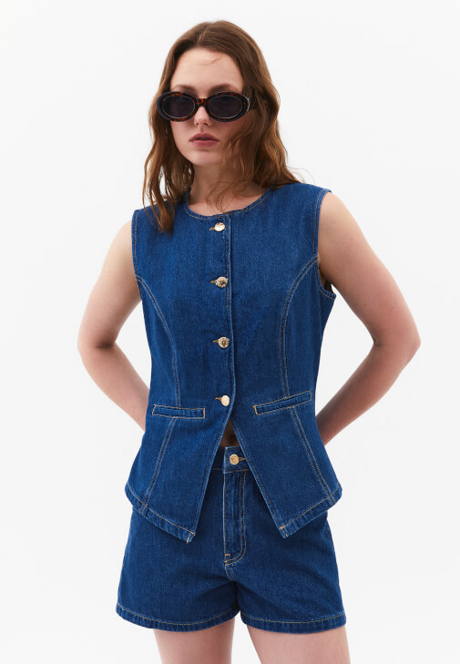 Mavi Düğmeli Denim Yelek ( TENCEL™ )