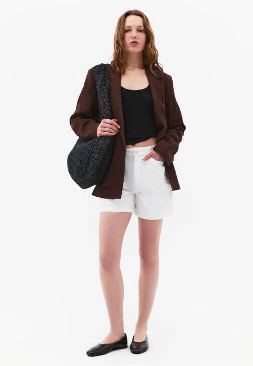 Beyaz Yüksek Bel Denim Şort