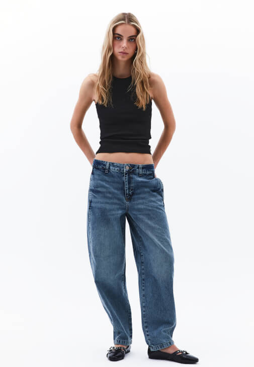 Mavi Düşük Bel Barrel-Fit Pantolon