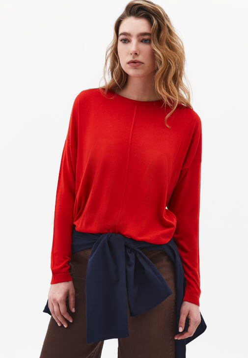 Kırmızı Bot Yaka Triko Kazak