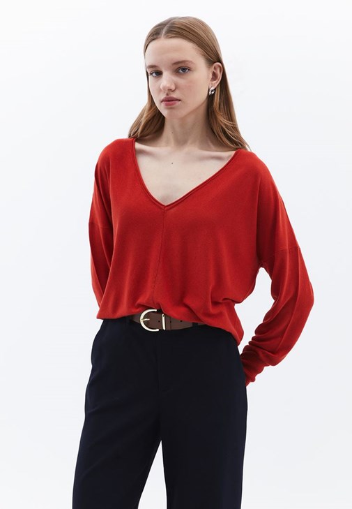 Kırmızı V Yaka Kazak