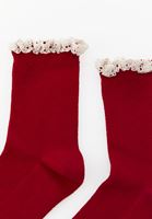 Bayan Kırmızı Dantel Detaylı Çorap