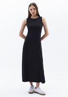 Bayan Siyah Modal Sıfır Yaka Midi Elbise
