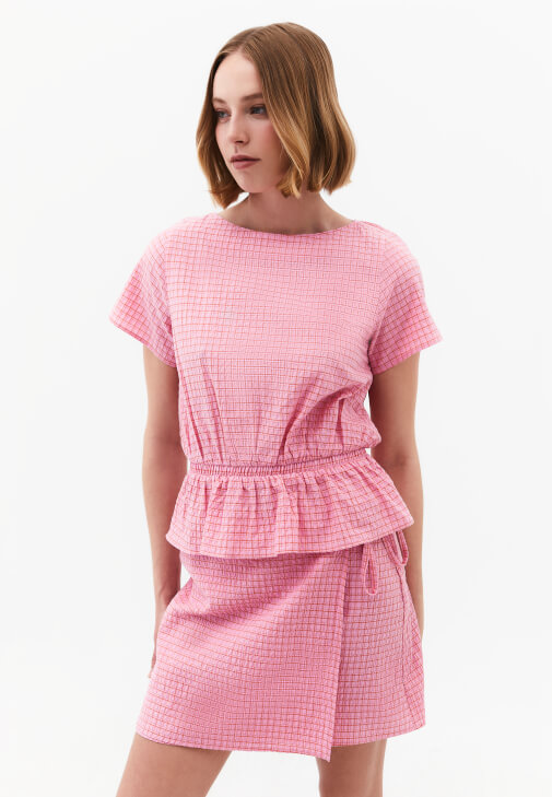 Çok Renkli Ekoseli Bel Detaylı Bluz ( TENCEL™ )