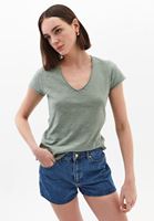 Bayan Yeşil Pamuklu V Yaka Tişört