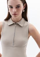 Bayan Bej Polo Yaka Fermuarlı Atlet