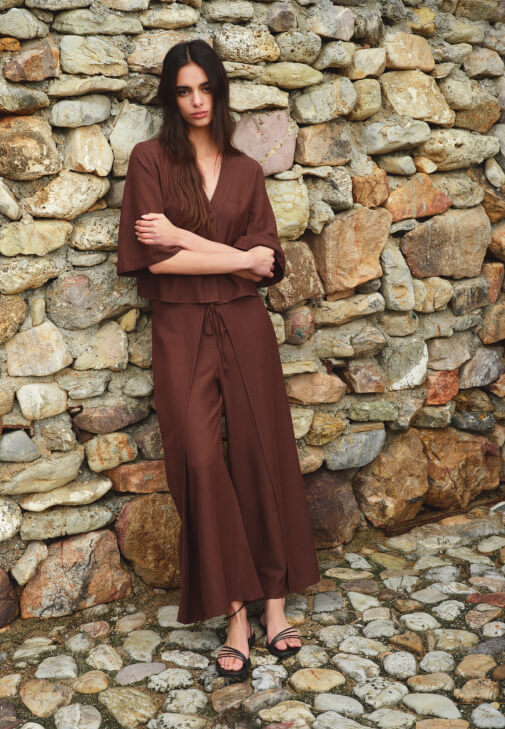 Kahverengi Keten Karışımlı Wide-Leg Pantolon
