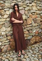 Bayan Kahverengi Keten Karışımlı Wide-Leg Pantolon