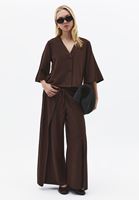 Bayan Kahverengi Keten Karışımlı Wide-Leg Pantolon
