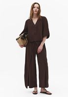 Bayan Kahverengi Keten Karışımlı Wide-Leg Pantolon