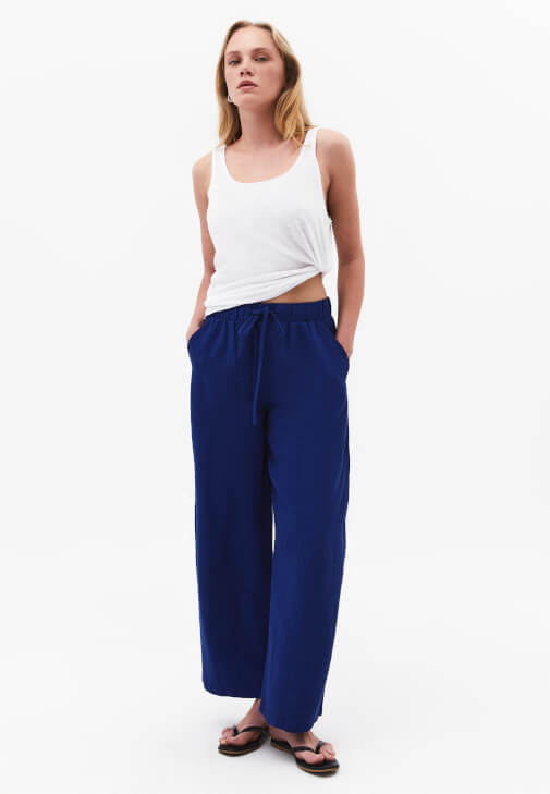 Mavi Keten Karışımlı Barrel-Fit Pantolon