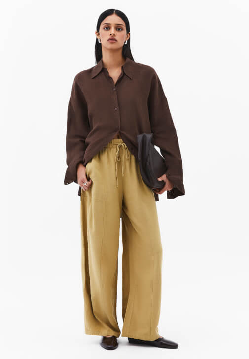 Yeşil Keten Karışımlı Barrel-Fit Pantolon