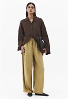 Bayan Yeşil Keten Karışımlı Barrel-Fit Pantolon