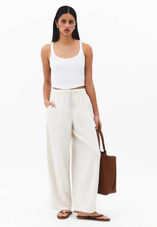 Bej Keten Karışımlı Barrel-Fit Pantolon