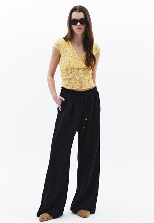 Siyah Keten Karışımlı Wide-Leg Pantolon