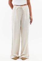 Bayan Bej Keten Karışımlı Wide-Leg Pantolon