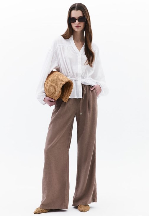 Kahverengi Keten Karışımlı Wide-Leg Pantolon
