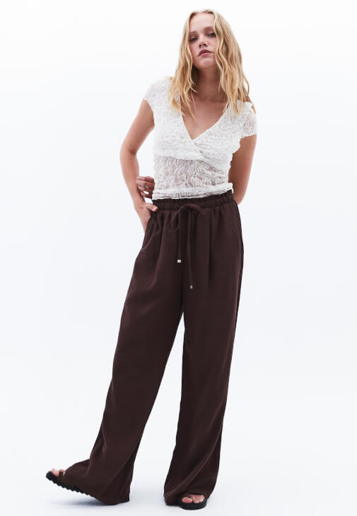 Kahverengi Keten Karışımlı Wide-Leg Pantolon