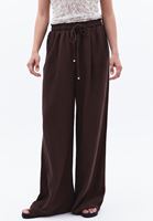 Bayan Kahverengi Keten Karışımlı Wide-Leg Pantolon