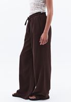 Bayan Kahverengi Keten Karışımlı Wide-Leg Pantolon