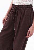 Bayan Kahverengi Keten Karışımlı Wide-Leg Pantolon