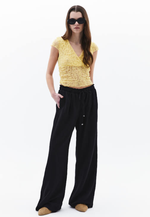 Siyah Keten Karışımlı Wide-Leg Pantolon