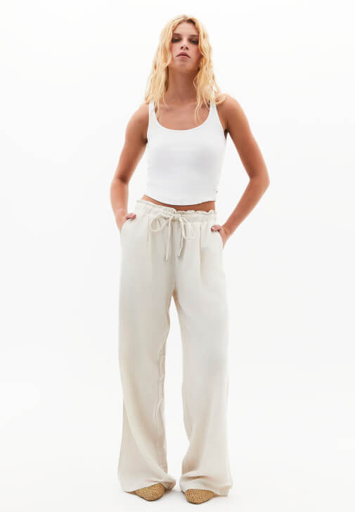 Bej Keten Karışımlı Wide-Leg Pantolon