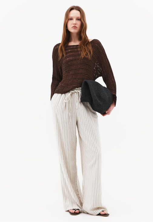 Kahverengi Keten Karışımlı Wide-Leg Pantolon
