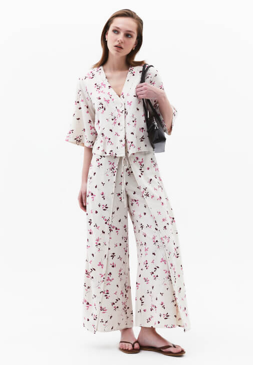 Çok Renkli Keten Karışımlı Wide-Leg Pantolon