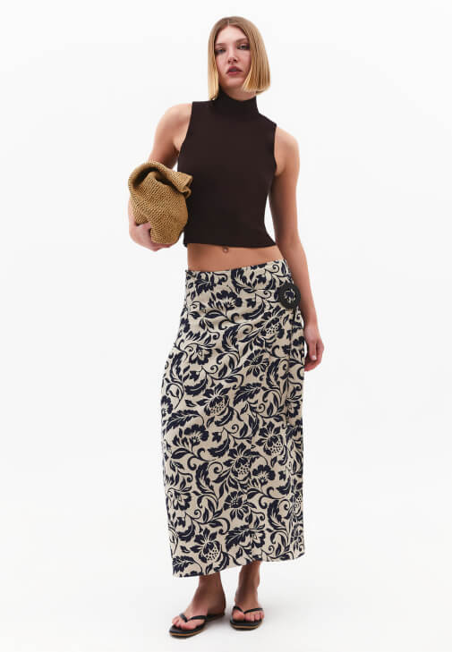 Çok Renkli Keten Karışımlı Uzun Etek