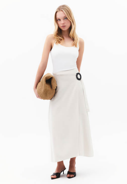 Krem Keten Karışımlı Uzun Etek
