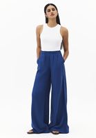 Bayan Lacivert Keten Karışımlı Wide-Leg Pantolon