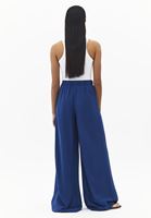 Bayan Lacivert Keten Karışımlı Wide-Leg Pantolon