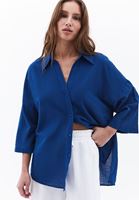 Bayan Mavi Keten Karışımlı Oversize Gömlek