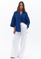 Bayan Mavi Keten Karışımlı Oversize Gömlek