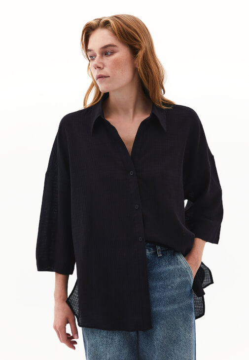 Siyah Keten Karışımlı Oversize Gömlek