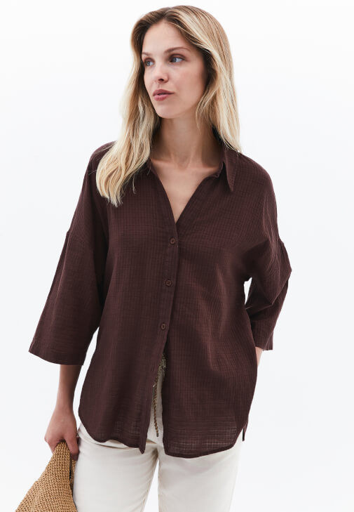 Kahverengi Keten Karışımlı Oversize Gömlek